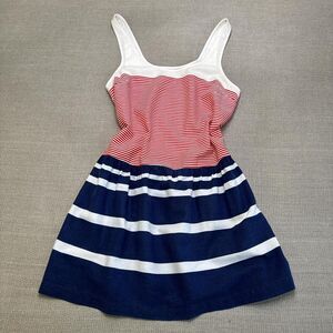 Striped drop waist tank sundress linen/viscose blend, navy, red and cream Medium